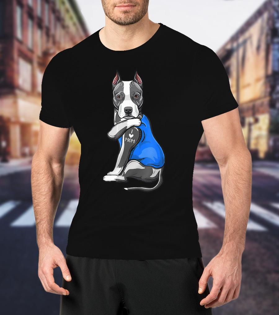 Pit Bull Dog I Love Mom Tattoo Blue T-Shirt