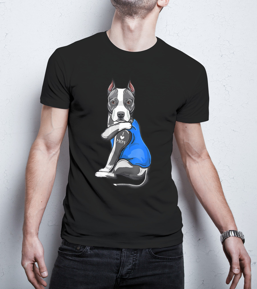 Pit Bull Dog I Love Mom Tattoo Blue T-Shirt