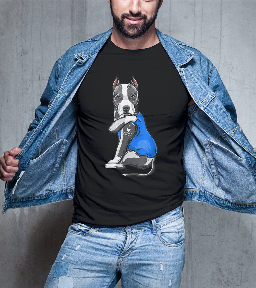 Pit Bull Dog I Love Mom Tattoo Blue T-Shirt