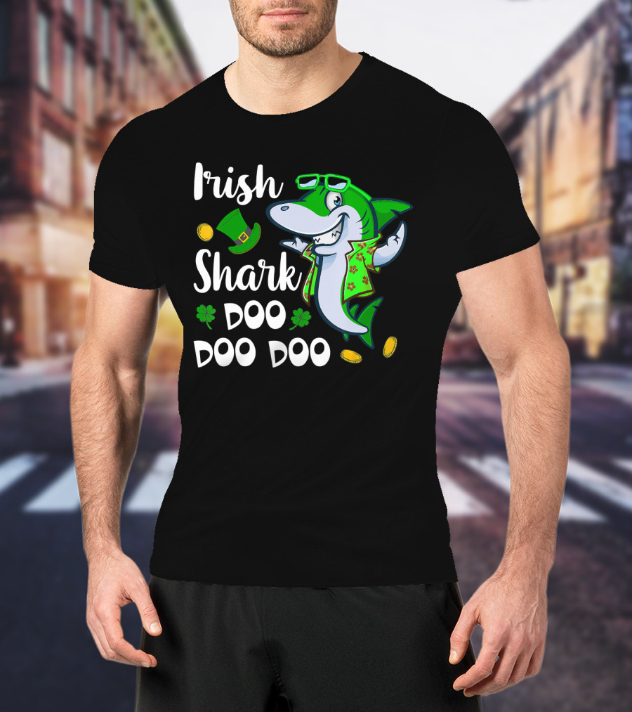 Irish Shark Doo Doo Doo St Patrick Day Leprechaun Hat Coins Shamrock T-Shirt