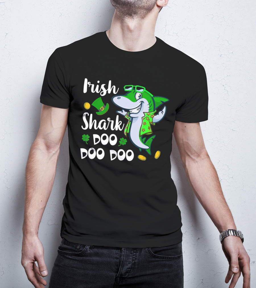 Irish Shark Doo Doo Doo St Patrick Day Leprechaun Hat Coins Shamrock T-Shirt