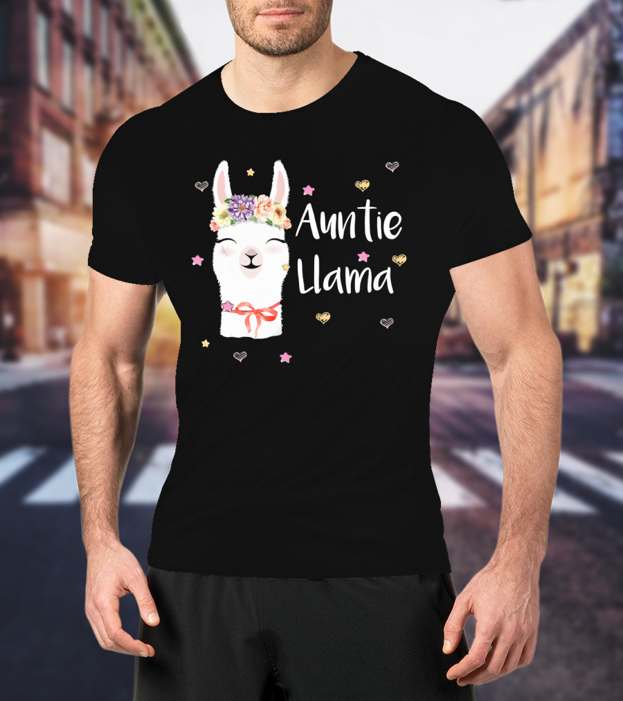 Auntie Llama Cute Floral Crown And Stars For Llama Lovers T-Shirt