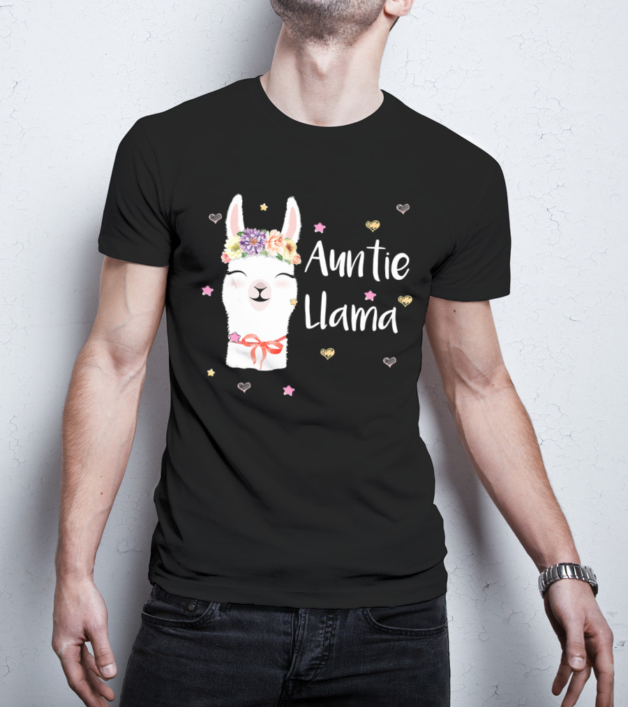 Auntie Llama Cute Floral Crown And Stars For Llama Lovers T-Shirt