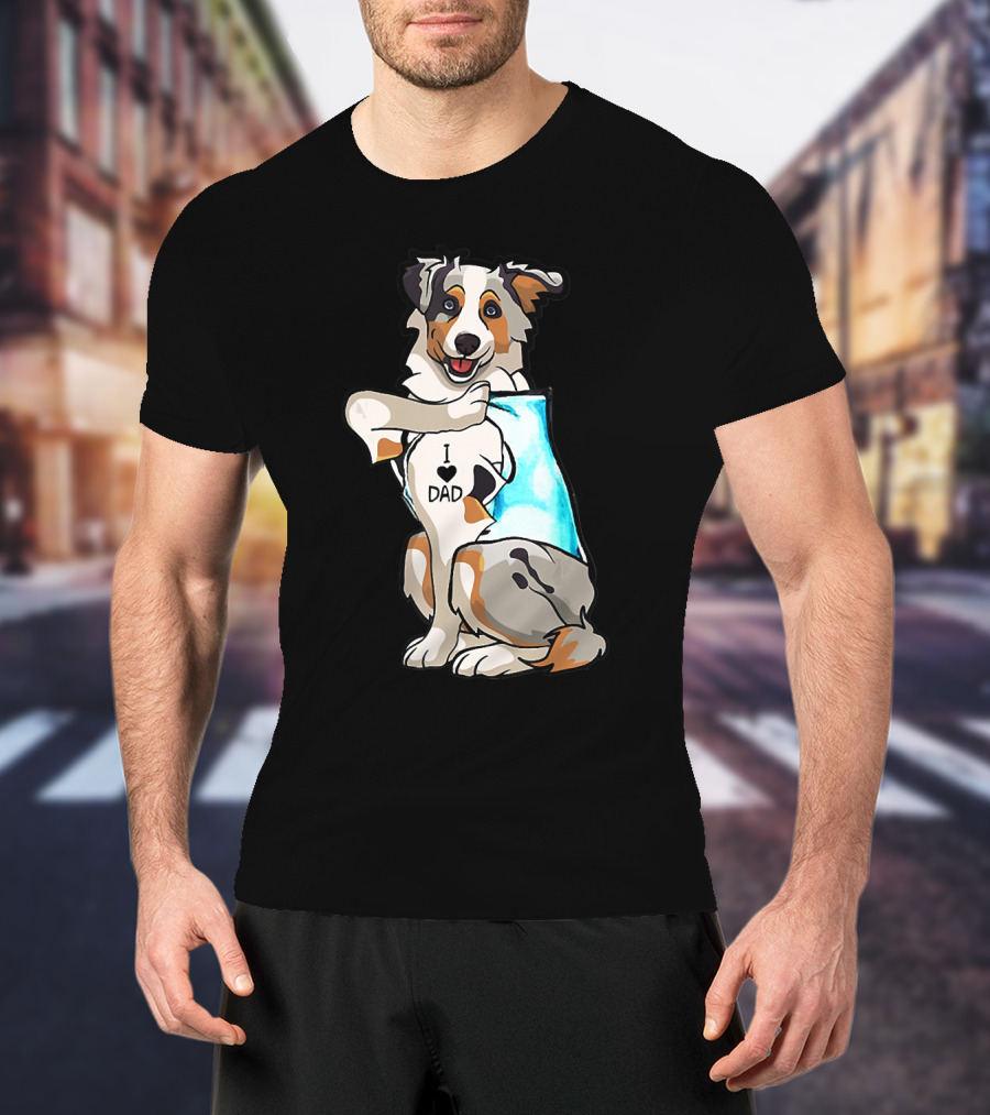 Australian Shepherd Dog I Love Dad Tattoo Paws Up T-Shirt