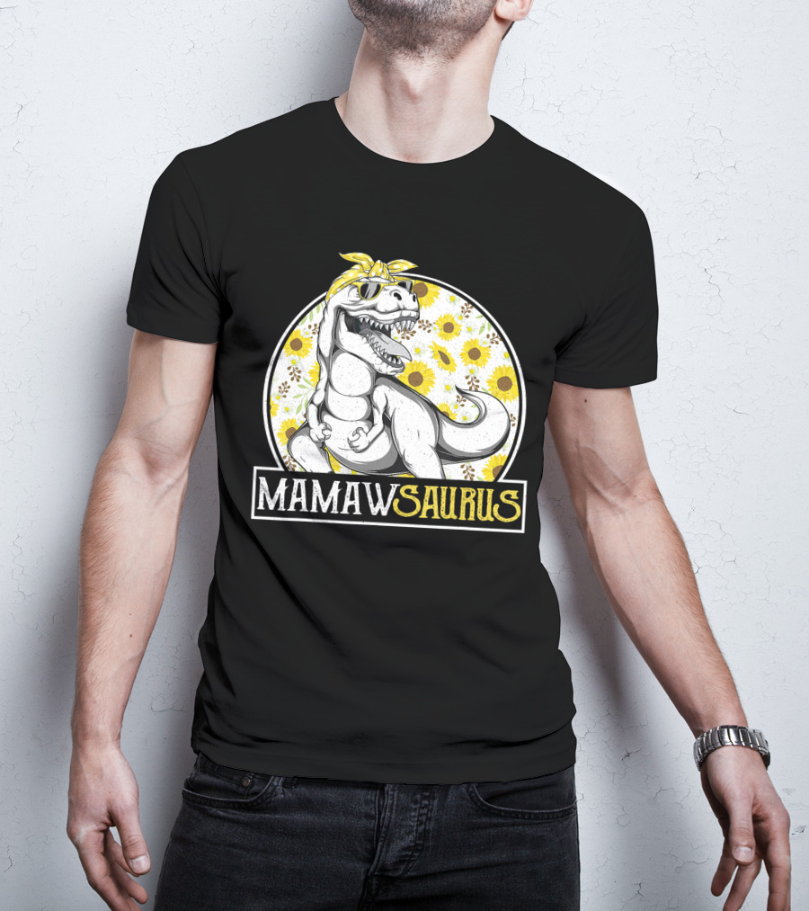 Mamaw Saurus Sunflower Dinosaur Grandma Fun Retro T-Rex T-Shirt