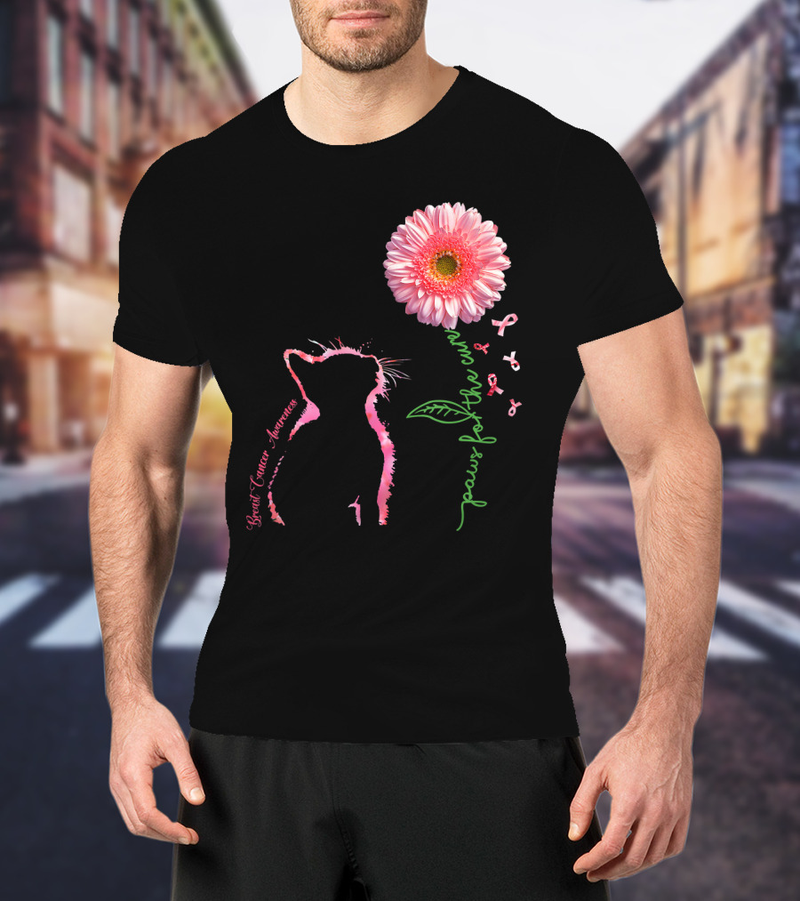 Paws For The Cure Breast Cancer Awareness Cat Pink Flower T-Shirt