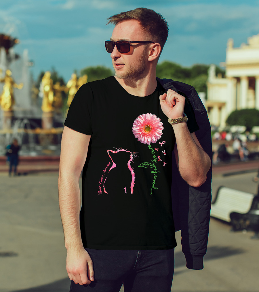 Paws For The Cure Breast Cancer Awareness Cat Pink Flower T-Shirt