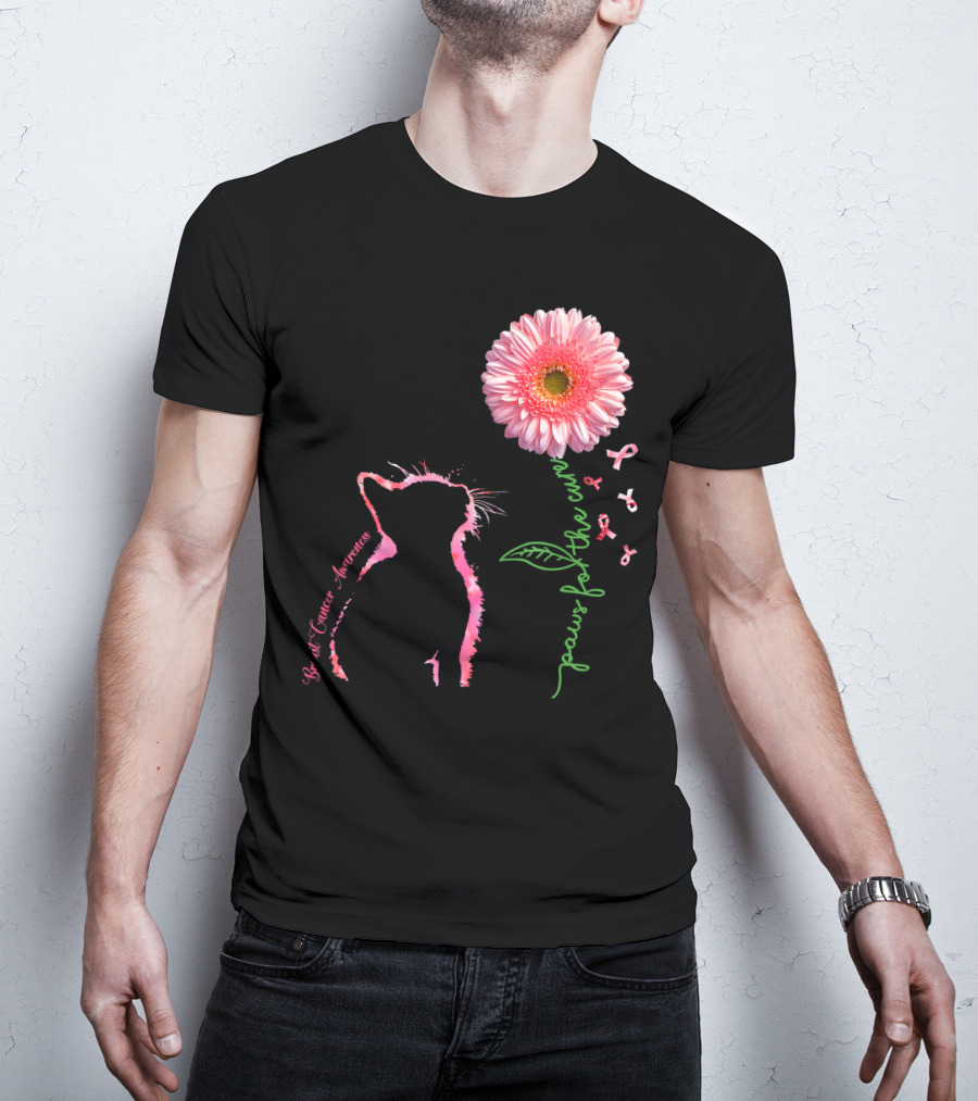 Paws For The Cure Breast Cancer Awareness Cat Pink Flower T-Shirt