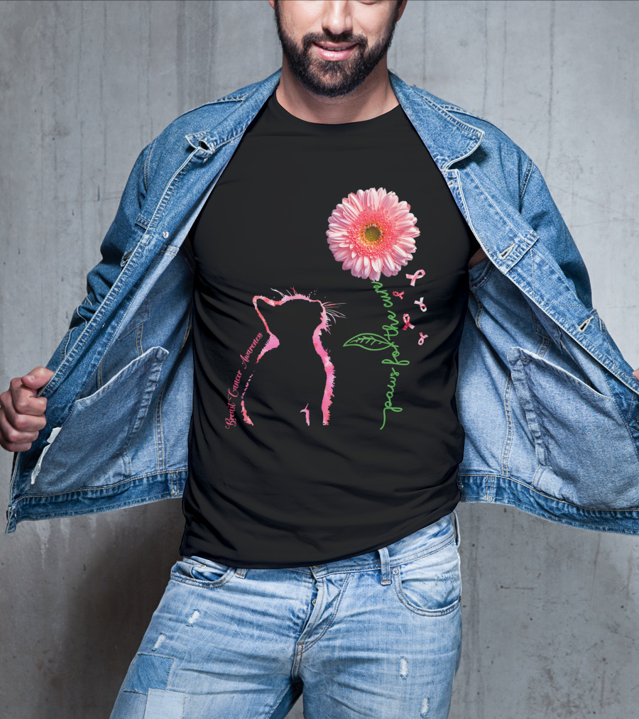 Paws For The Cure Breast Cancer Awareness Cat Pink Flower T-Shirt