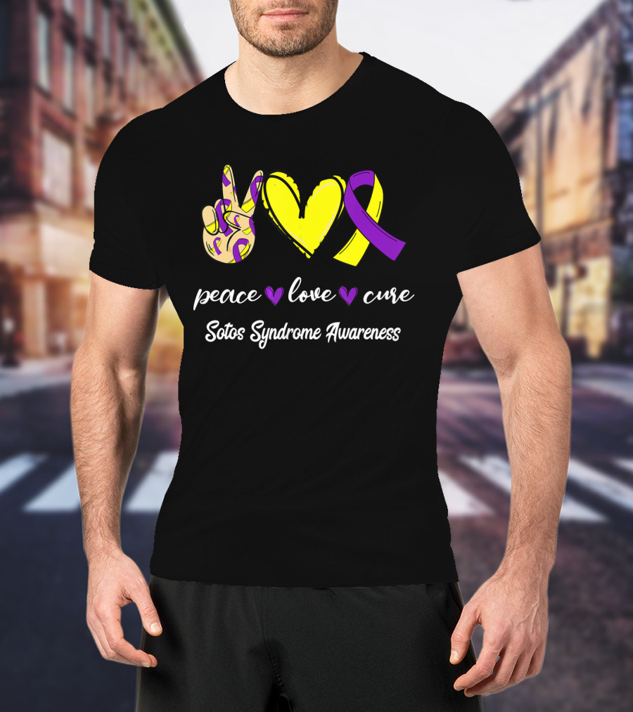 Peace Love Cure Yellow Heart Purple Ribbon Sotos Syndrome Awareness T-Shirt