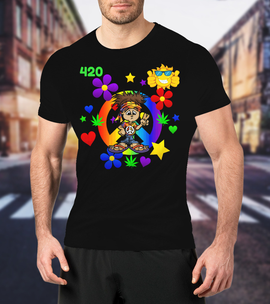 420 Peace Sign Hippie Cartoon With Sun And Colorful Flowers T-Shirt
