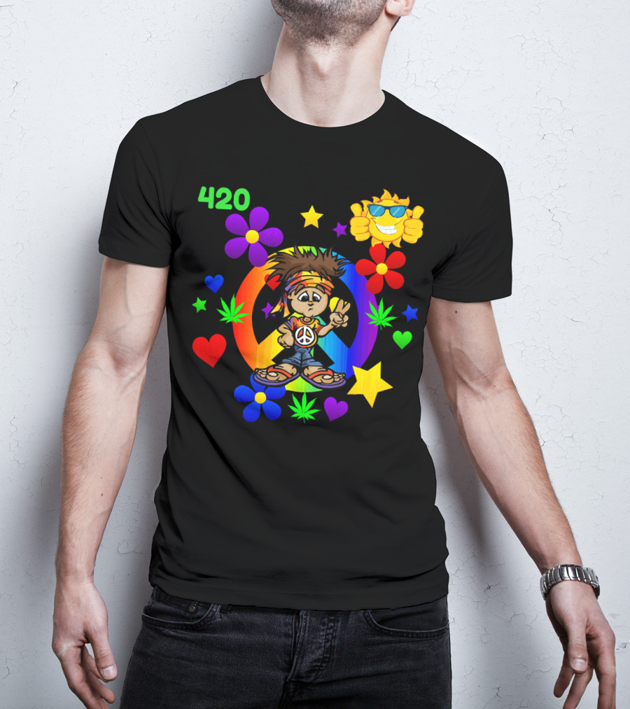 420 Peace Sign Hippie Cartoon With Sun And Colorful Flowers T-Shirt