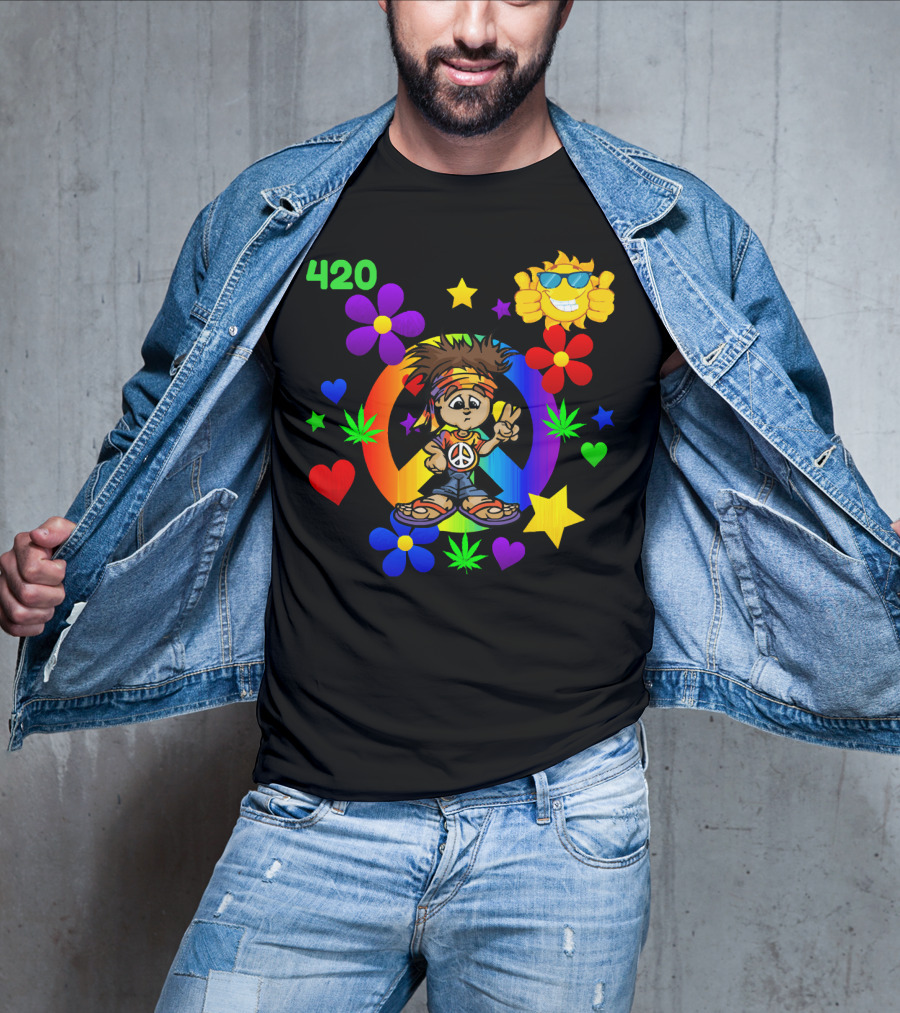 420 Peace Sign Hippie Cartoon With Sun And Colorful Flowers T-Shirt