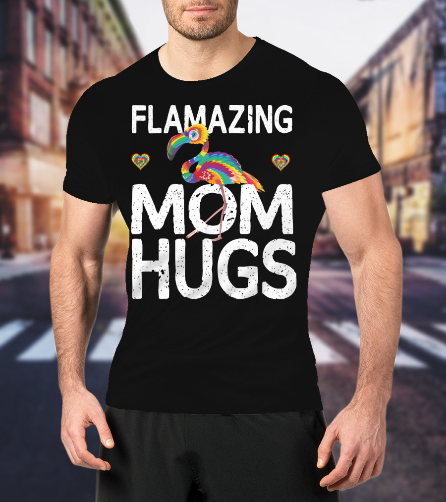 FLAMAZING MOM HUGS Colorful Rainbow Flamingo Hearts T-Shirt