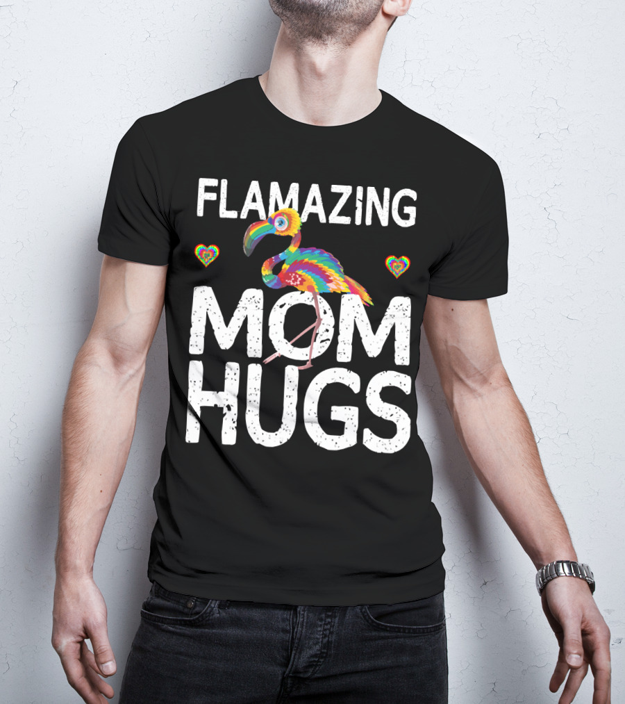 FLAMAZING MOM HUGS Colorful Rainbow Flamingo Hearts T-Shirt