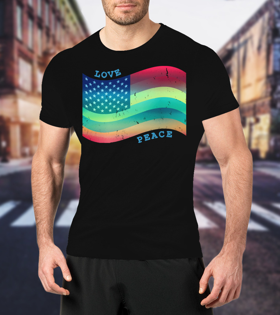 Love Peace Pride Rainbow American Flag T-Shirt