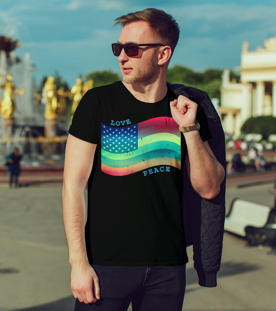 Love Peace Pride Rainbow American Flag T-Shirt