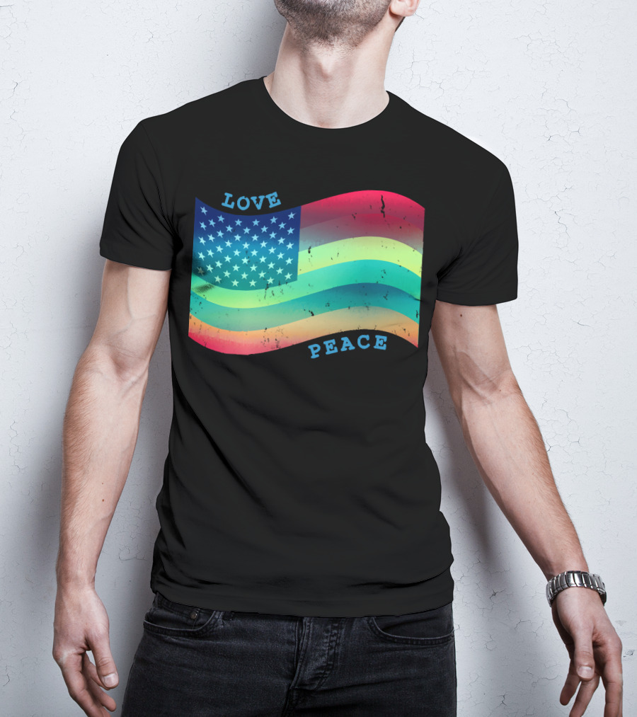 Love Peace Pride Rainbow American Flag T-Shirt