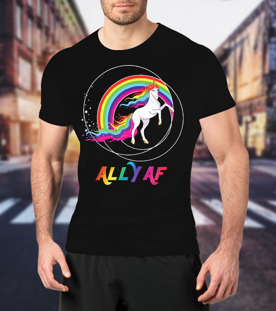Rainbow Pride Ally AF Unicorn With Rainbow Pride Flag Colors T-Shirt