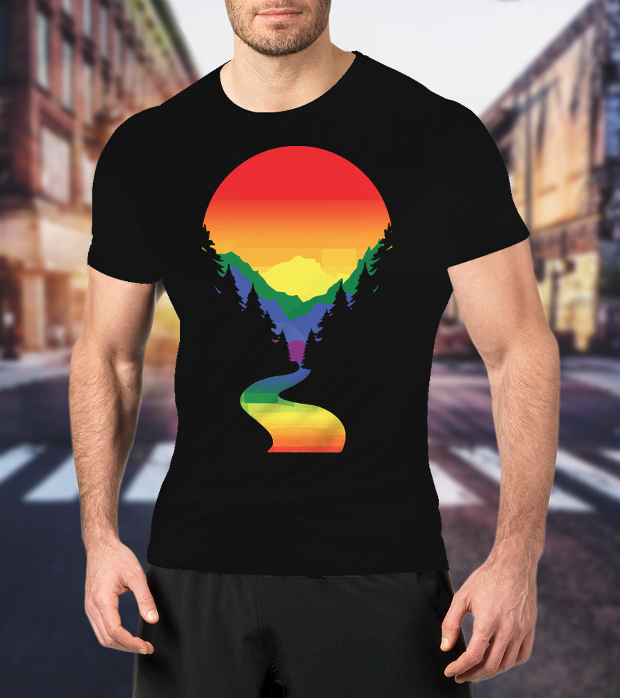 Rainbow Pride Sunset Silhouette Mountains Forest Pathway T-Shirt