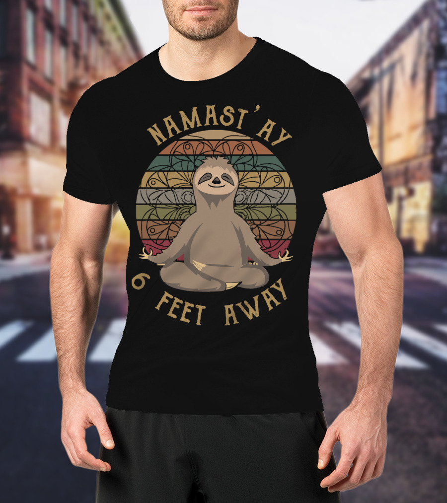 Namast'ay 6 Feet Away Retro Sunset Sloth Yoga Meditation T-Shirt