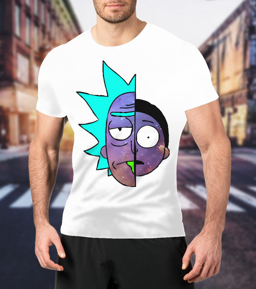 Galactic Rick And Morty Faces Cosmic Split Large T-Shirt