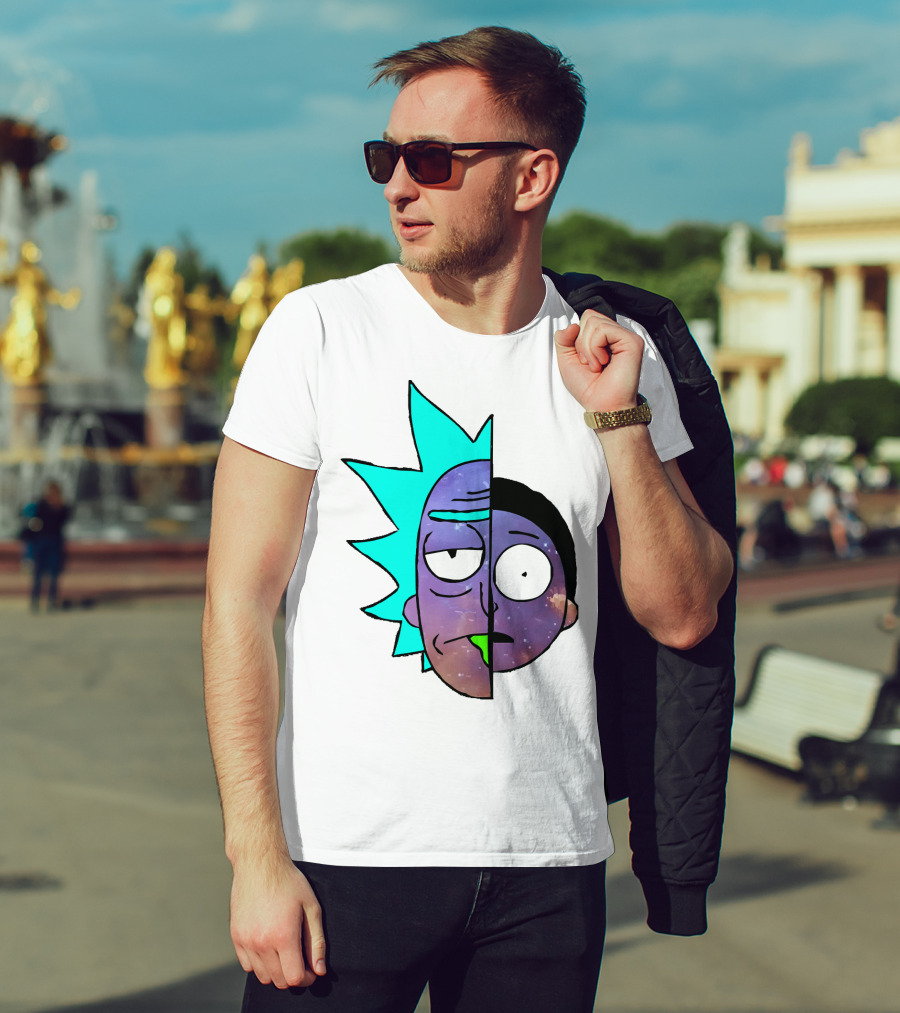 Galactic Rick And Morty Faces Cosmic Split Large T-Shirt