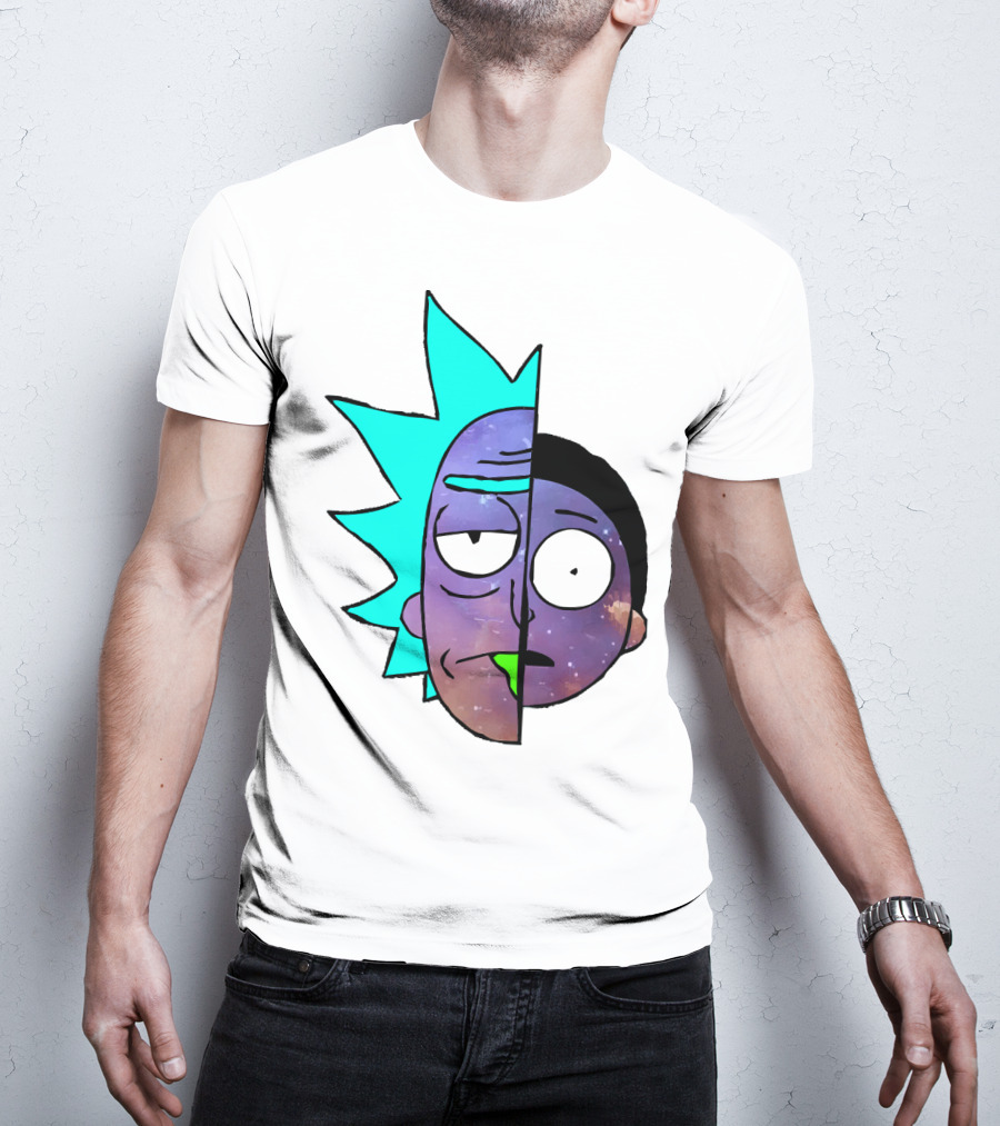 Galactic Rick And Morty Faces Cosmic Split Large T-Shirt