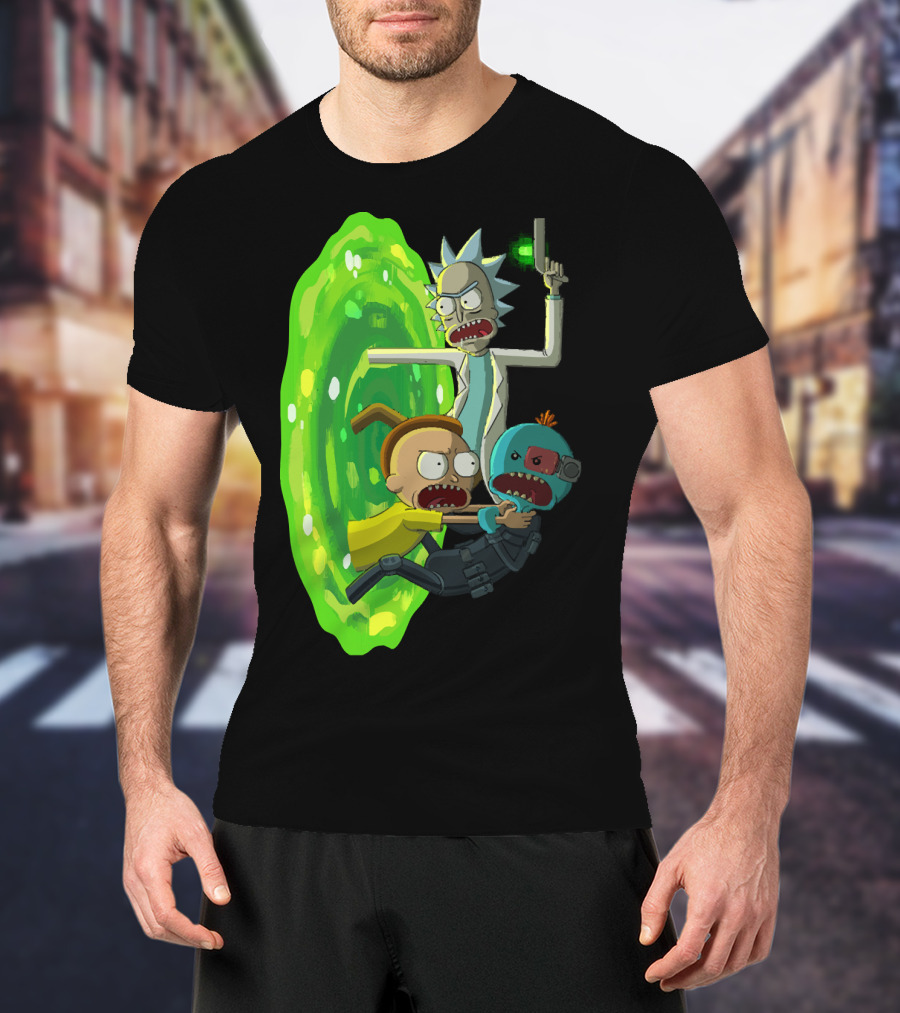 Rick And Morty Portal Escape With Meeseeks Cyborg Adventure T-Shirt
