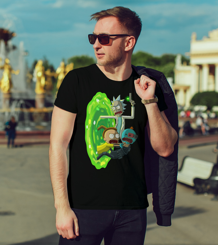 Rick And Morty Portal Escape With Meeseeks Cyborg Adventure T-Shirt