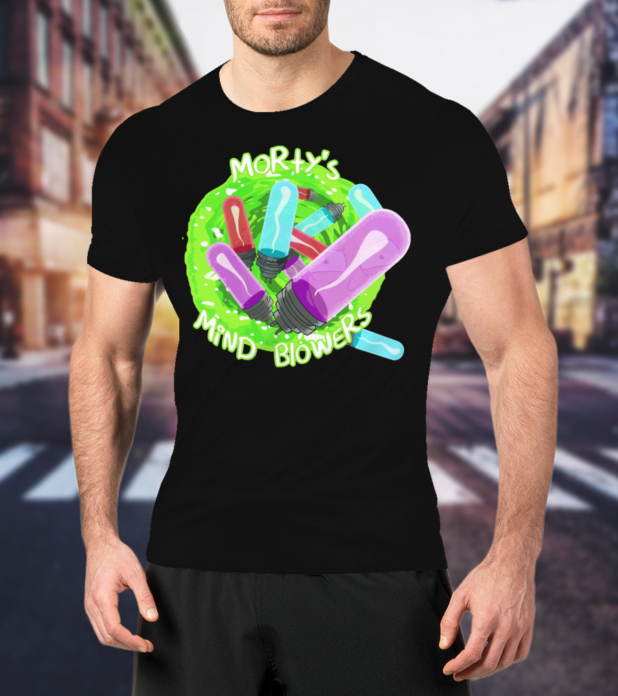 Morty's Mind Blowers Colorful Vials In Green Portal T-Shirt