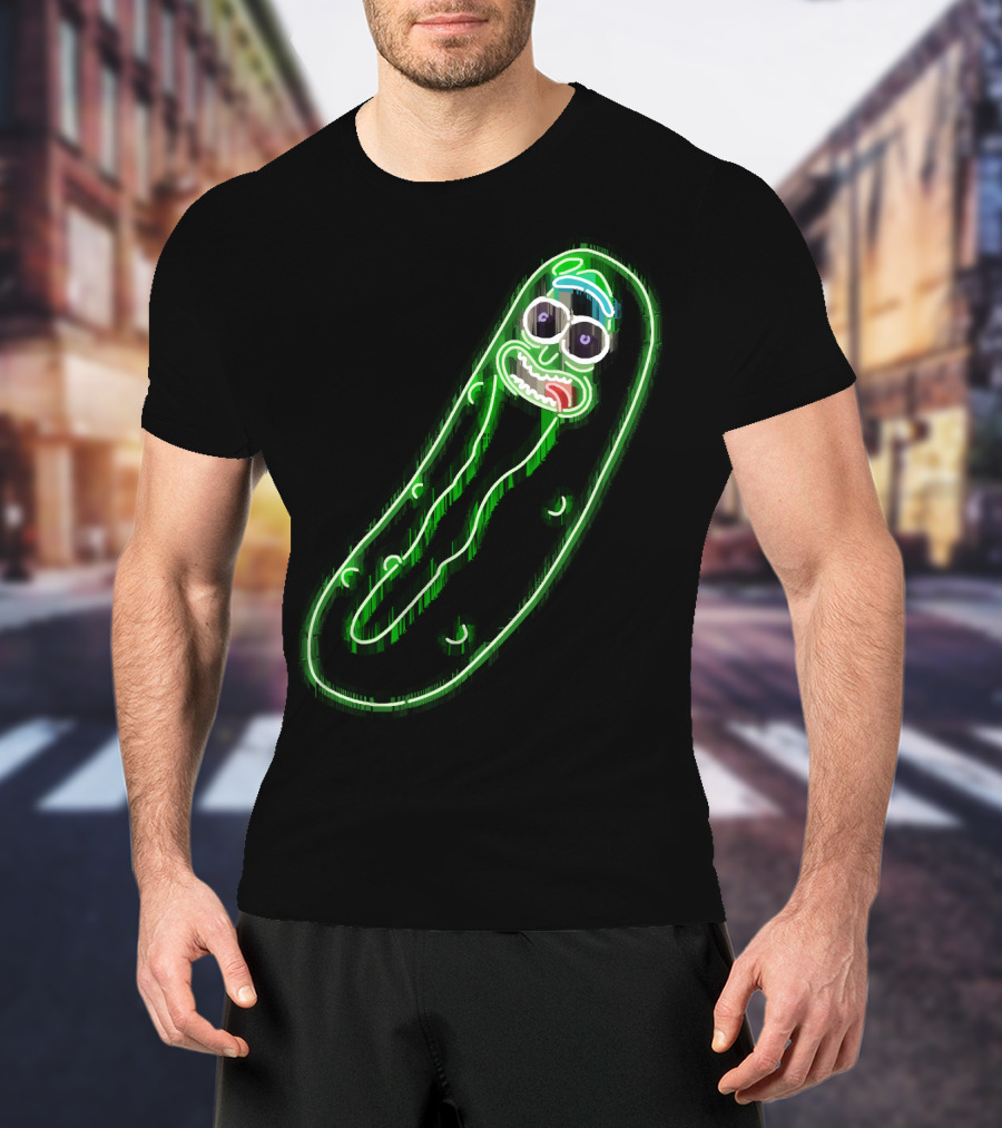 Neon Pickle Rick Left Pocket Glowing Expression T-Shirt