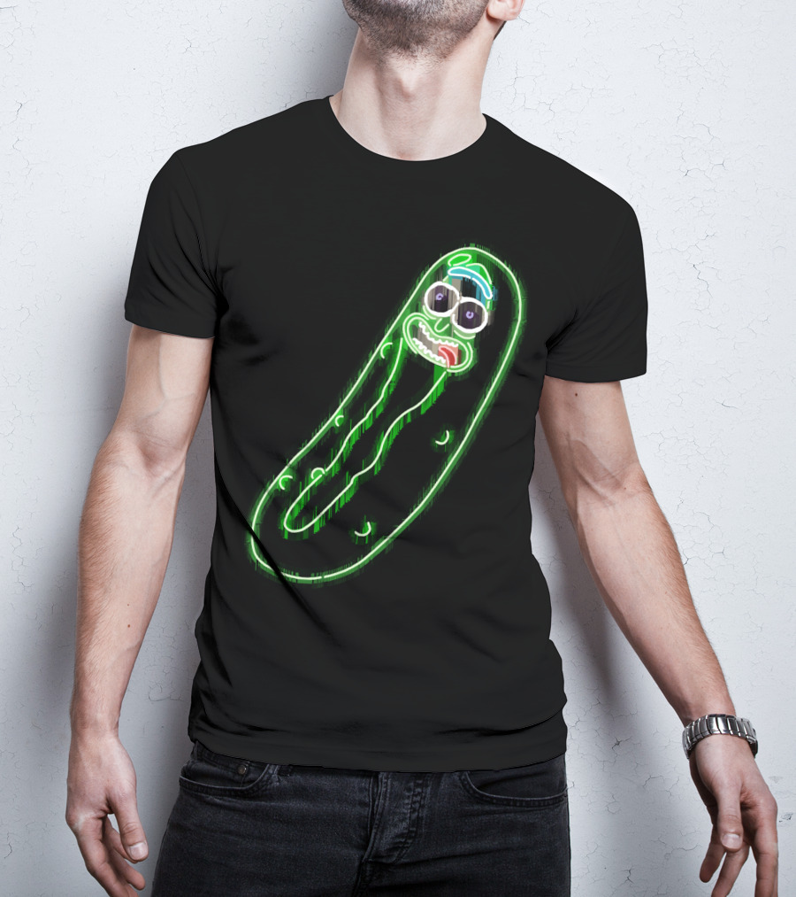 Neon Pickle Rick Left Pocket Glowing Expression T-Shirt