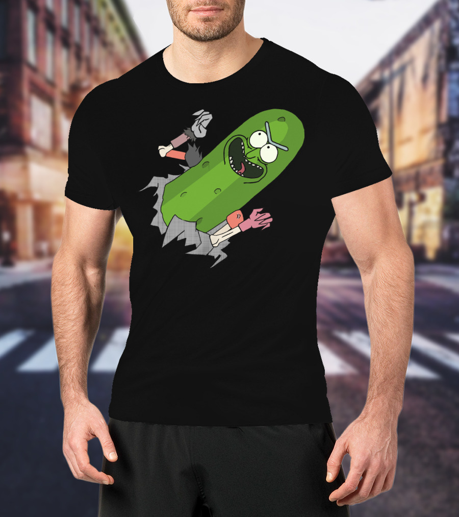 Pickle Rick Breaking Through Punching Action T-Shirt