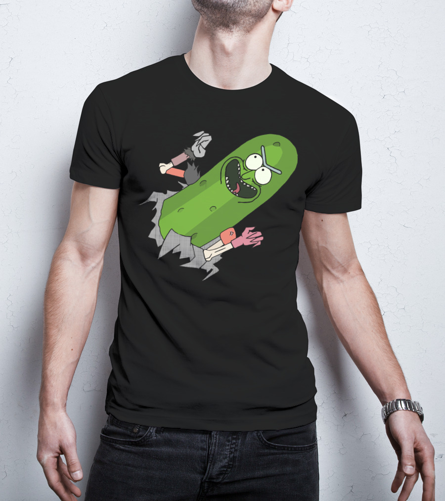 Pickle Rick Breaking Through Punching Action T-Shirt