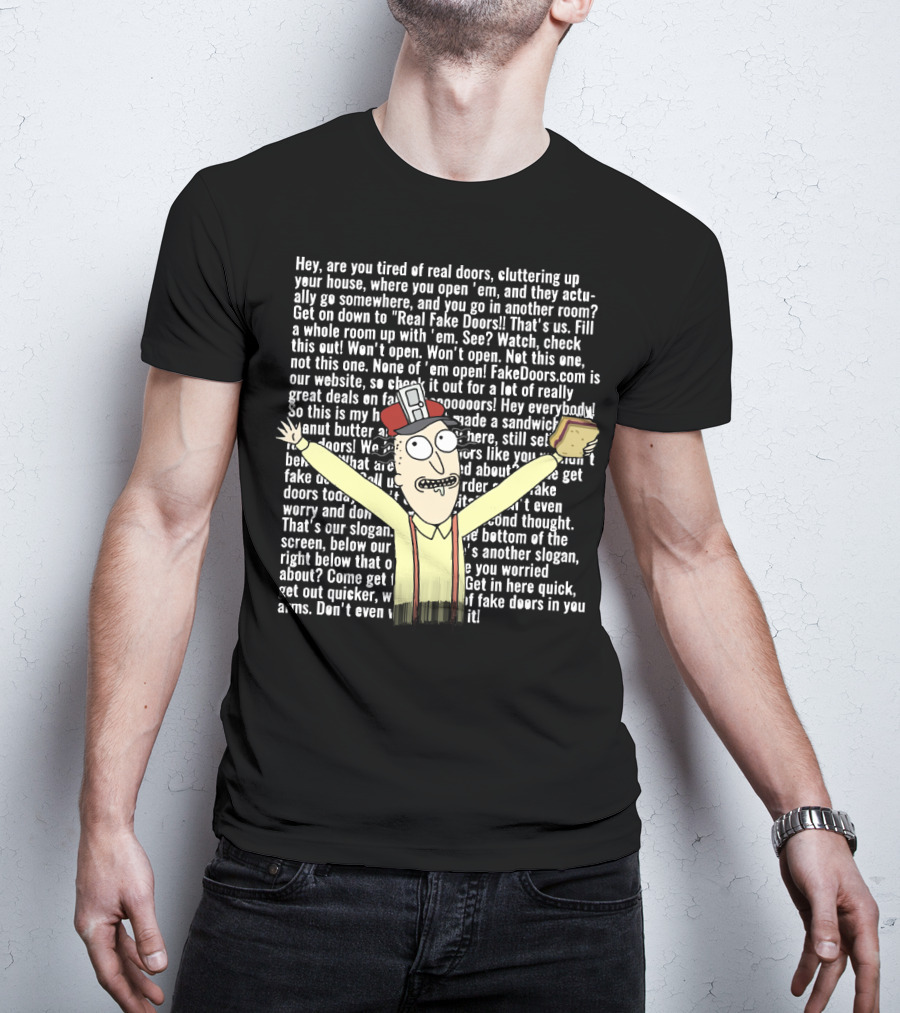Real Fake Doors Funny Long Text Character Illustration With Sandwich T-Shirt