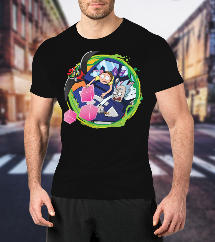 Rick And Morty In Cyber Portal Adventure With Pink Cubes And Alien Figures T-Shirt