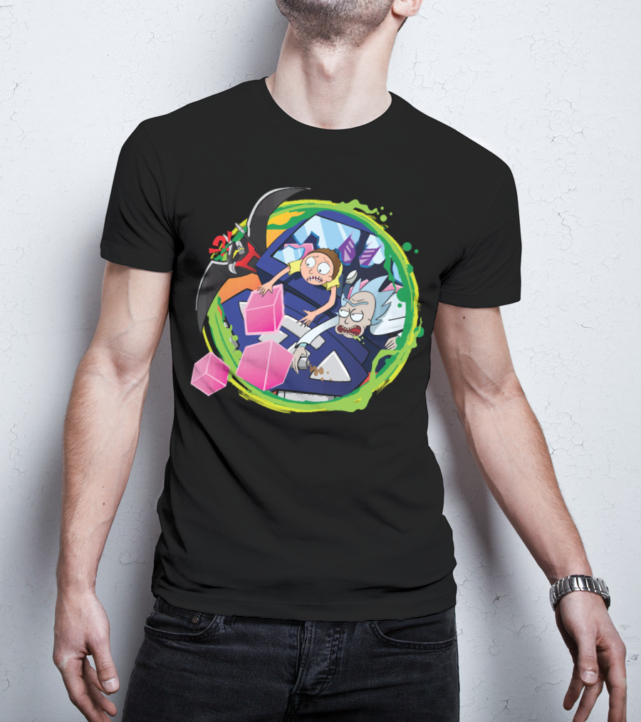 Rick And Morty In Cyber Portal Adventure With Pink Cubes And Alien Figures T-Shirt