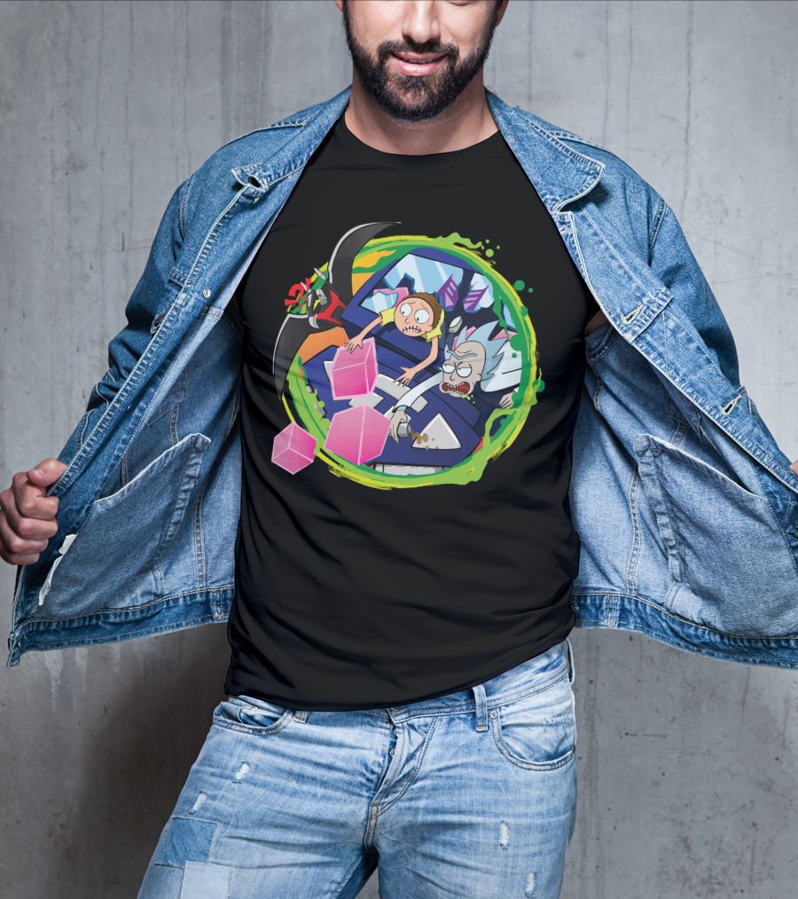 Rick And Morty In Cyber Portal Adventure With Pink Cubes And Alien Figures T-Shirt