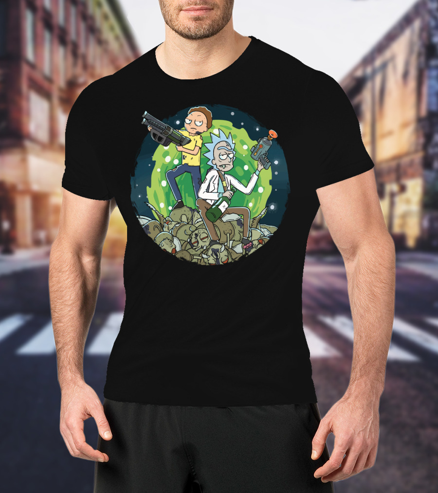 Rick And Morty Battle Against The Gromflomites In Outer Space Adventure Background T-Shirt