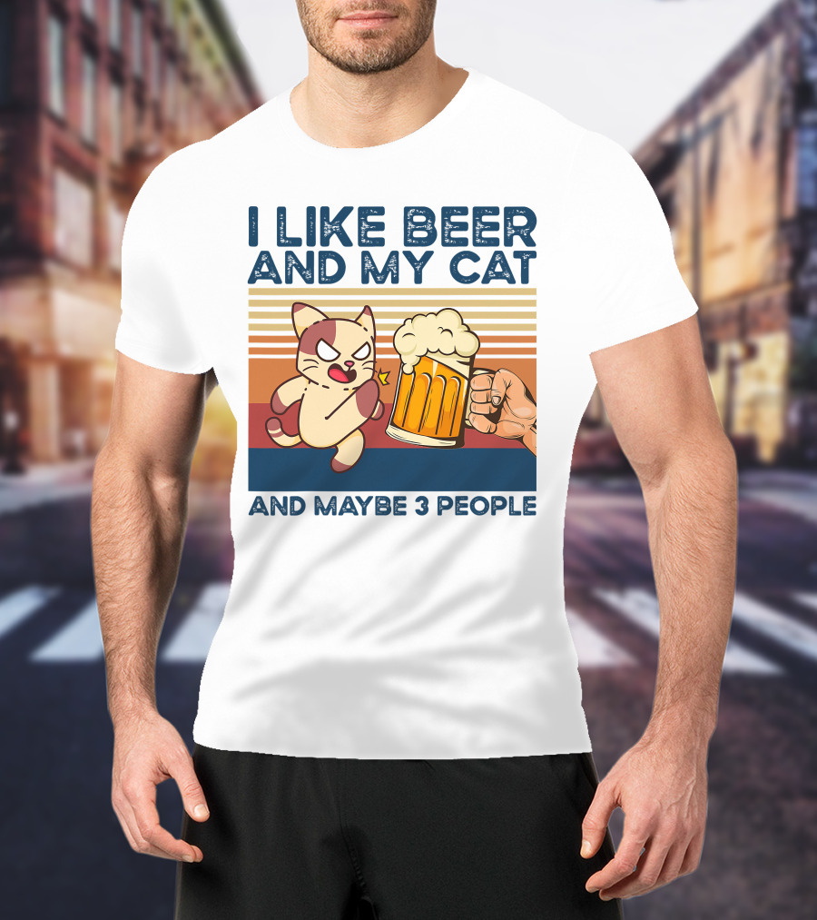 I Like Beer And My Cat And Maybe 3 People Vintage Style Retro Cat Lover T-Shirt