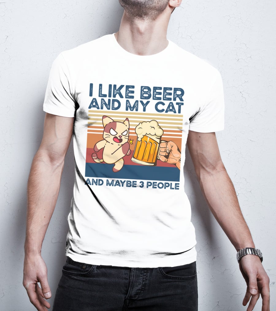 I Like Beer And My Cat And Maybe 3 People Vintage Style Retro Cat Lover T-Shirt
