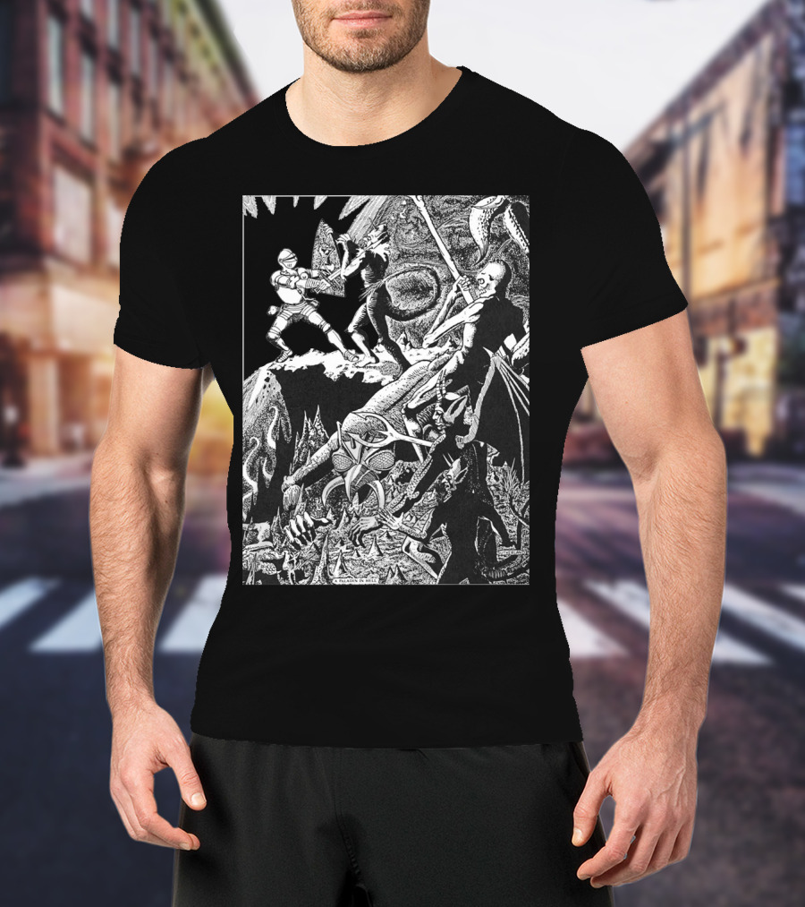 PALADIN IN HELL Classic Dungeon Adventure Battle Scene With Demons And Warriors T-Shirt