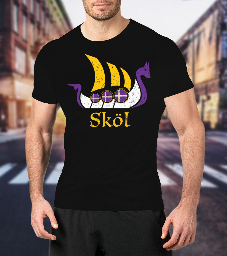Skol Nordic Scandinavian Vikings Boat With Purple And Yellow Dragon Head T-Shirt