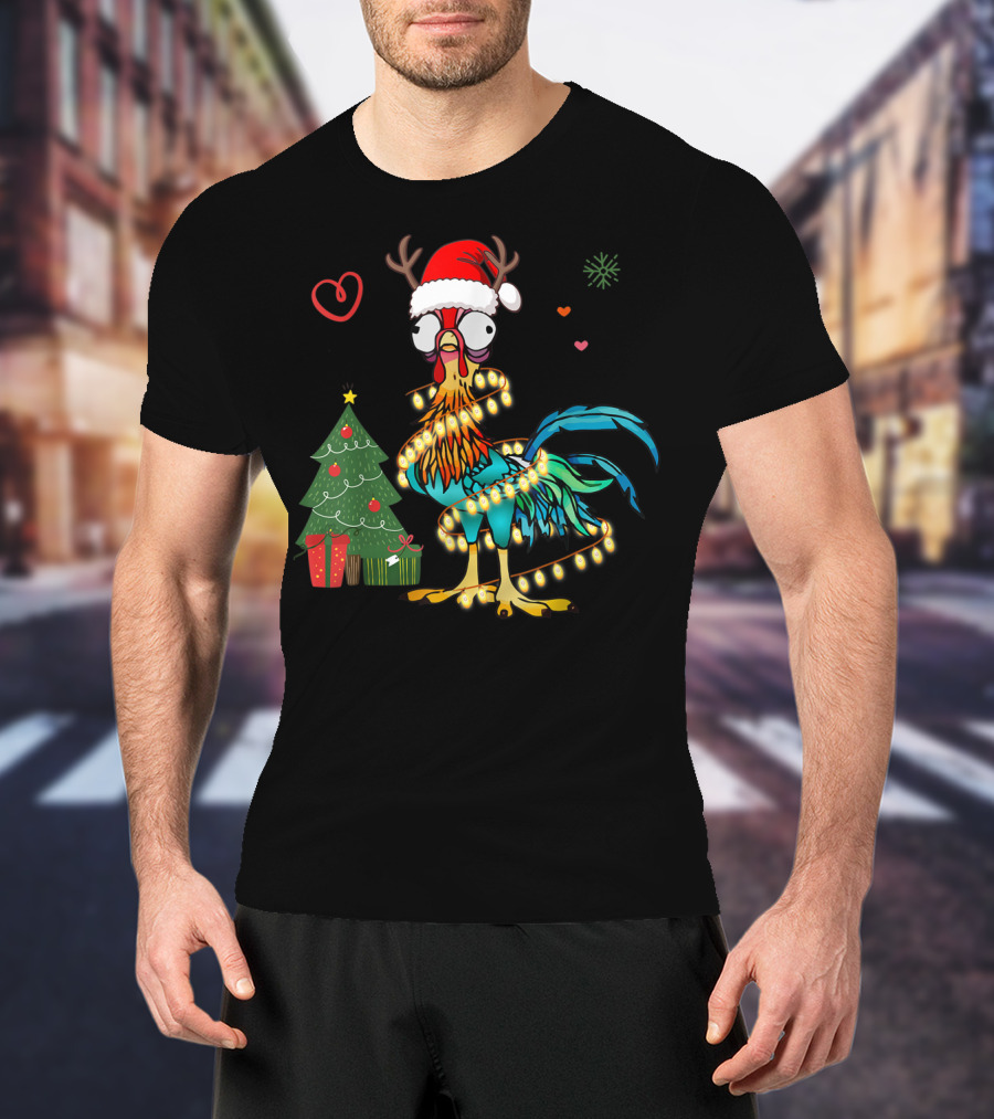 Chicken Reindeer Christmas Lights Santa Hat Christmas Tree T-Shirt
