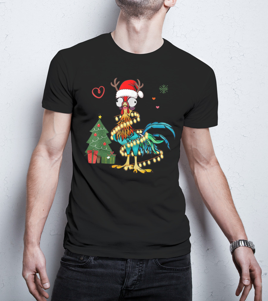 Chicken Reindeer Christmas Lights Santa Hat Christmas Tree T-Shirt