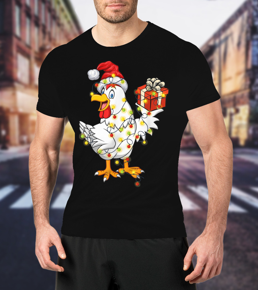 Funny Chicken Wrapped In Christmas Lights With Santa Hat And Gift T-Shirt