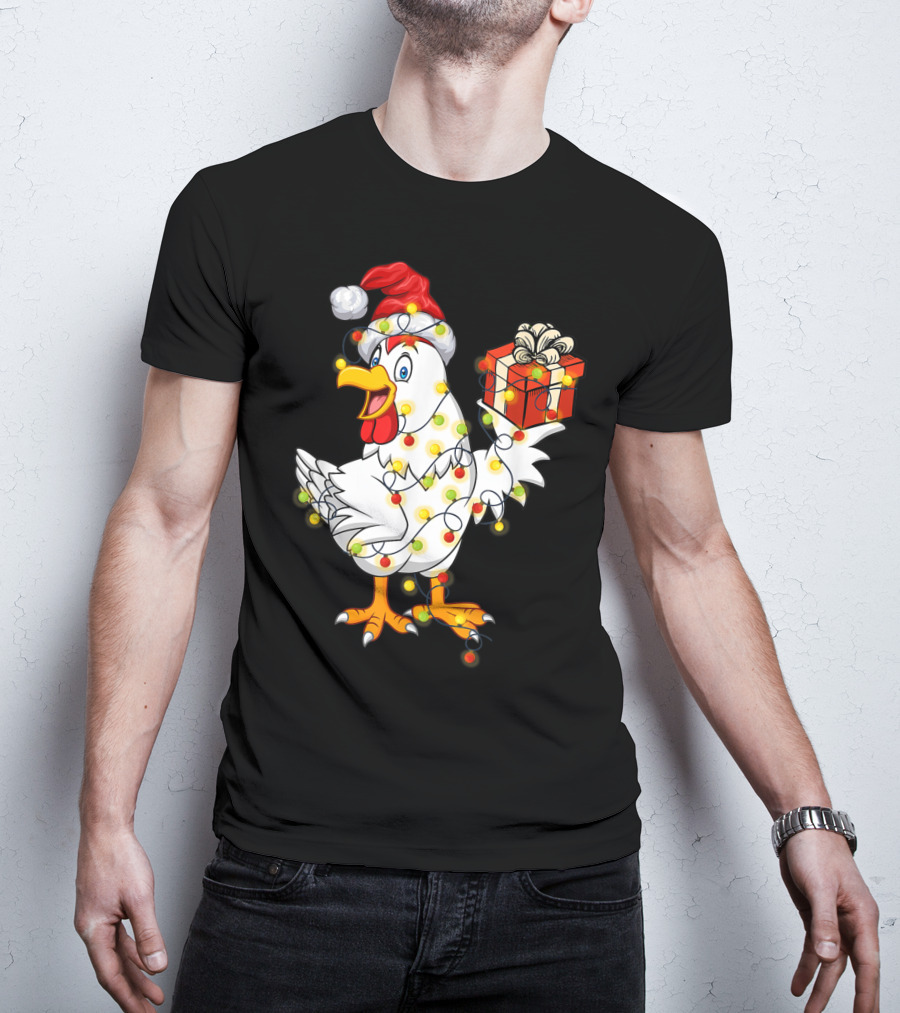 Funny Chicken Wrapped In Christmas Lights With Santa Hat And Gift T-Shirt