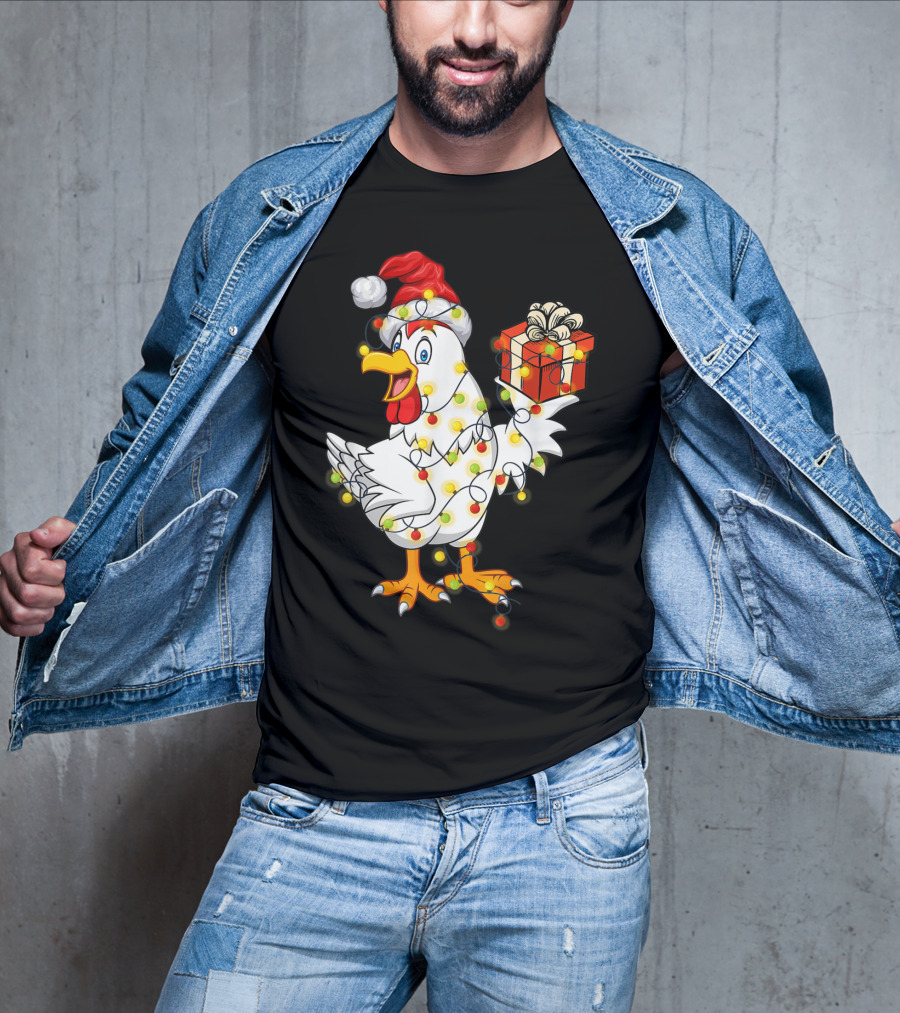Funny Chicken Wrapped In Christmas Lights With Santa Hat And Gift T-Shirt