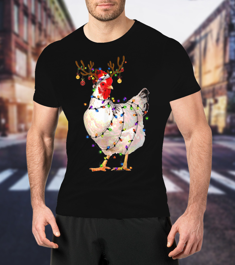 Funny Chicken Wearing Reindeer Antlers And Christmas Lights T-Shirt